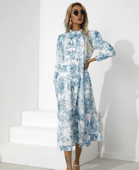 High Neck Toile Print Tiered Maxi Dress