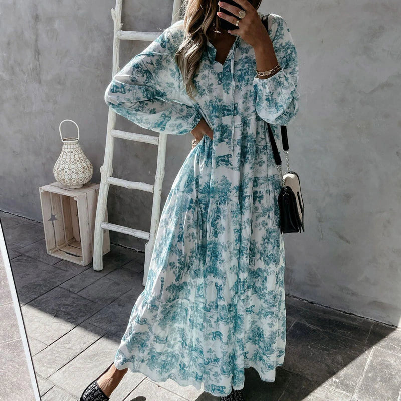 Toile Print Tiered Maxi Dress