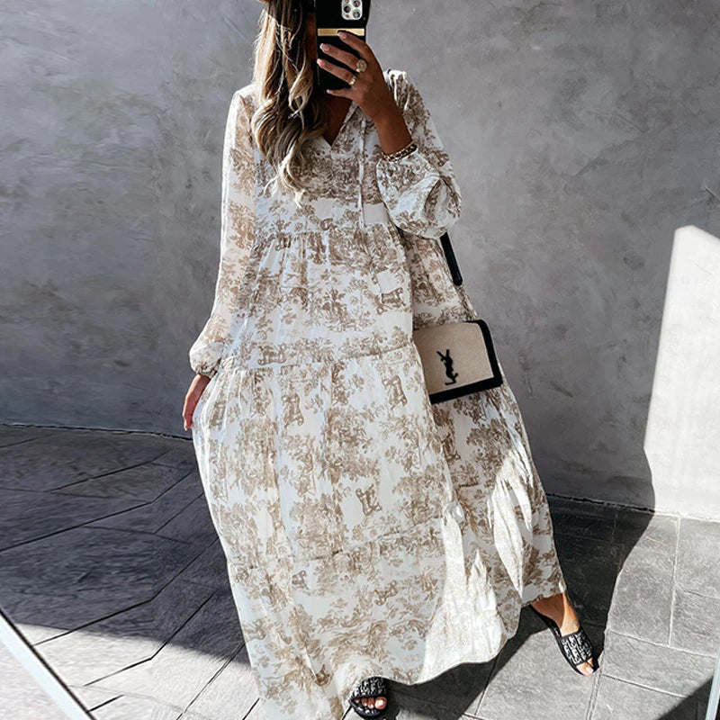 Toile Print Tiered Maxi Dress