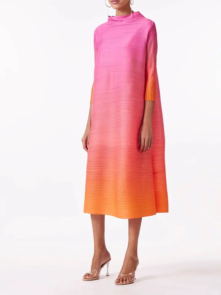 Pink and Orange Ombre Pleated Dress