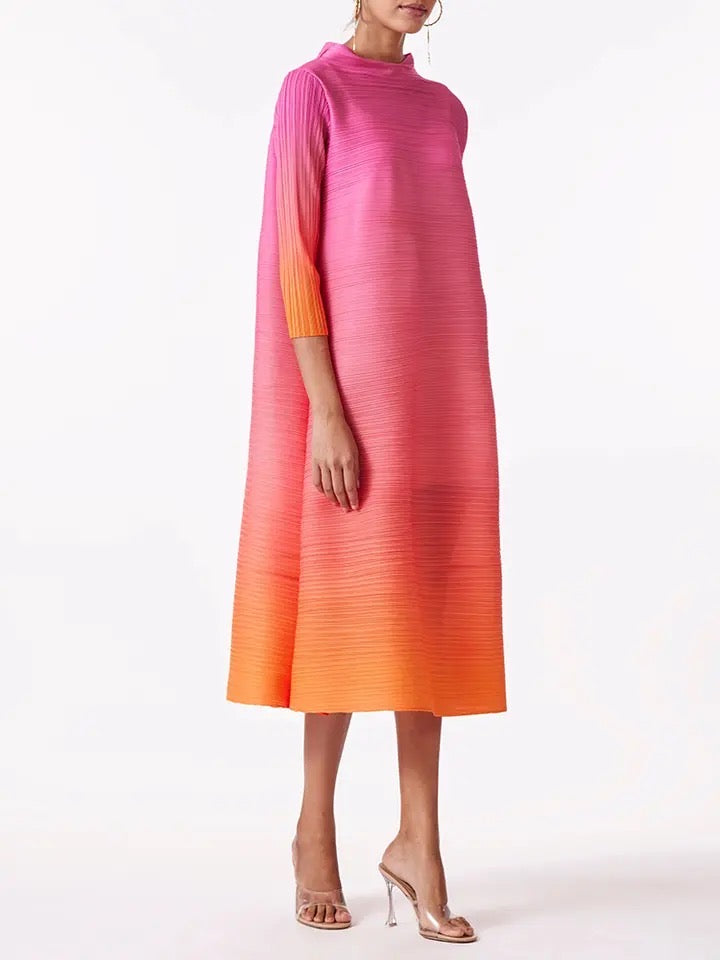 Pink and Orange Ombre Pleated Dress