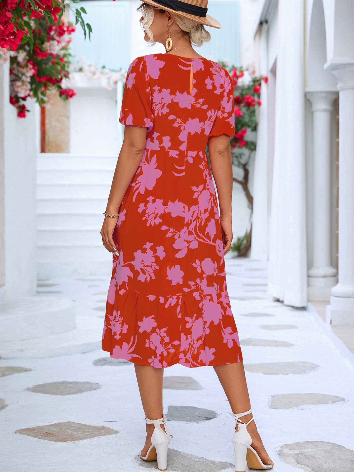 Floral Puff Sleeve Ruffle Hem Midi Dress