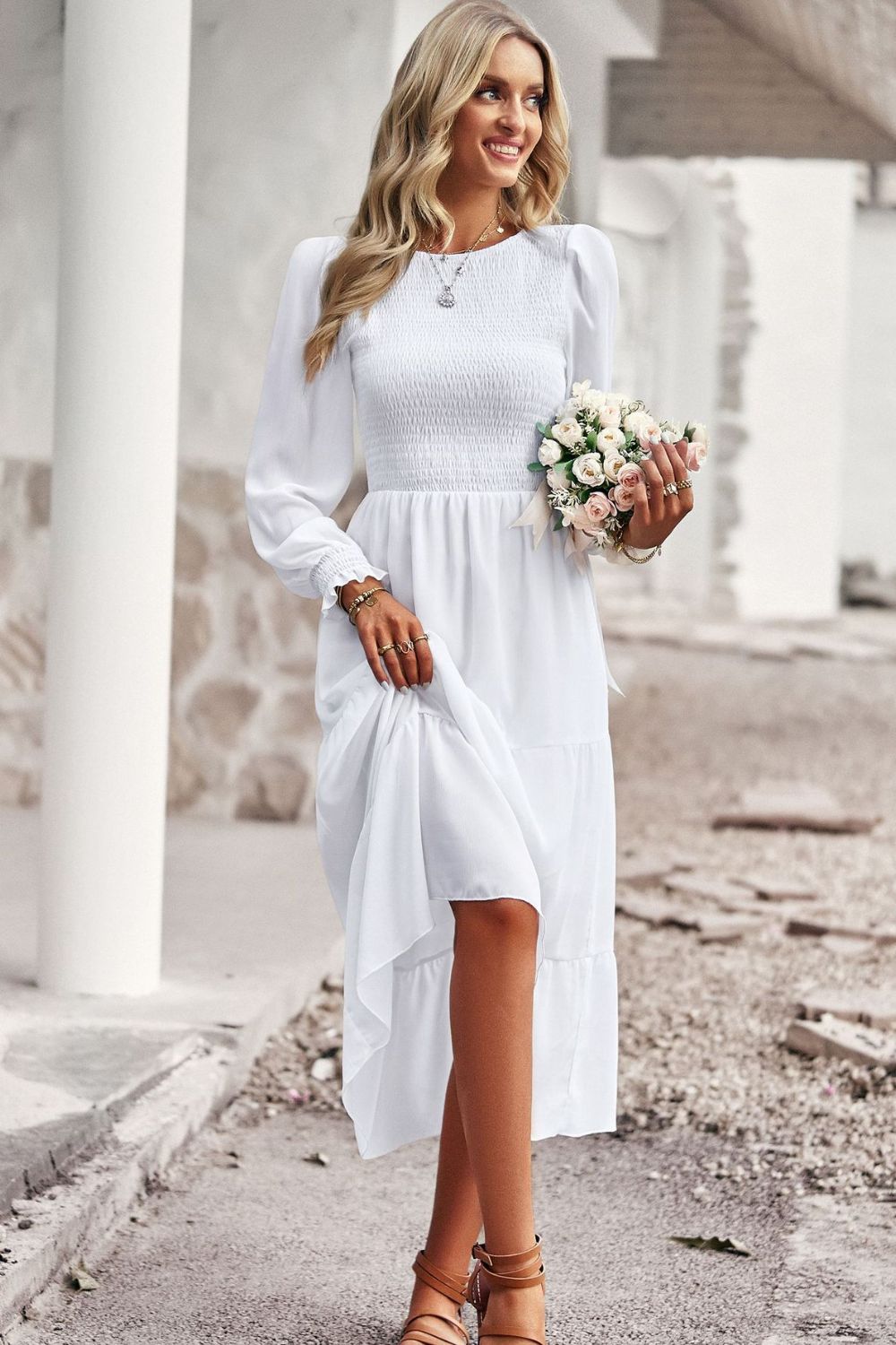 Smocked Round Neck Flounce Sleeve Midi Dress